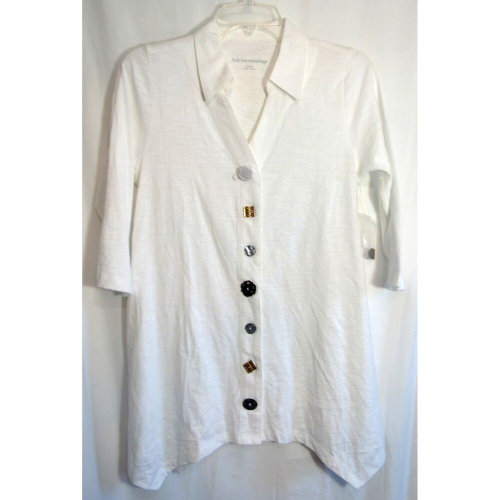 Soft Surroundings White Half Sleeve V Neck Button Down Shirt Size XS NWOT